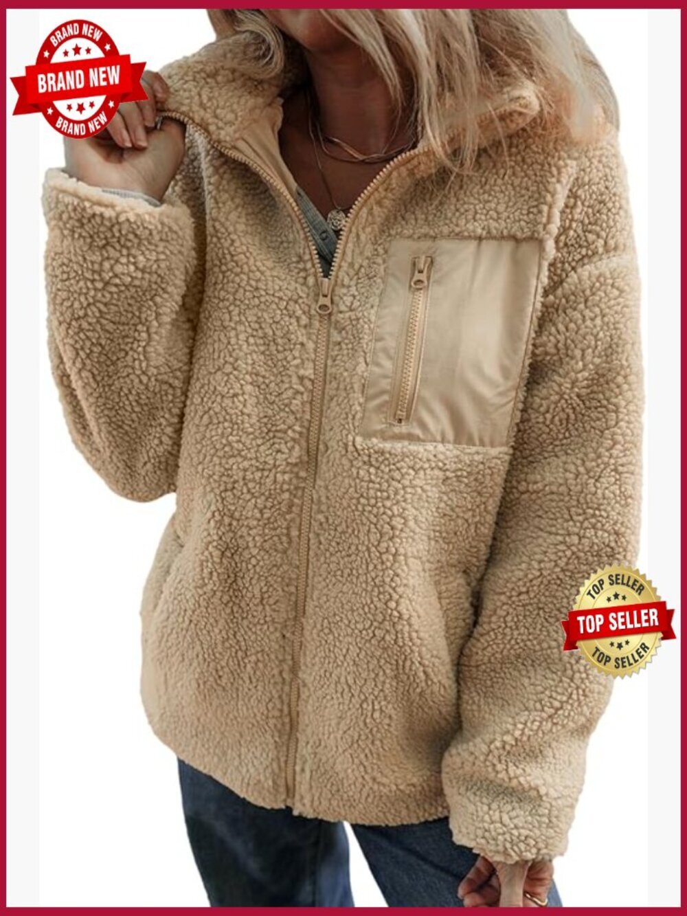 Full Zip Fleece Jacket Long Sleeve Relaxed Fit Teddy Coat with Pockets